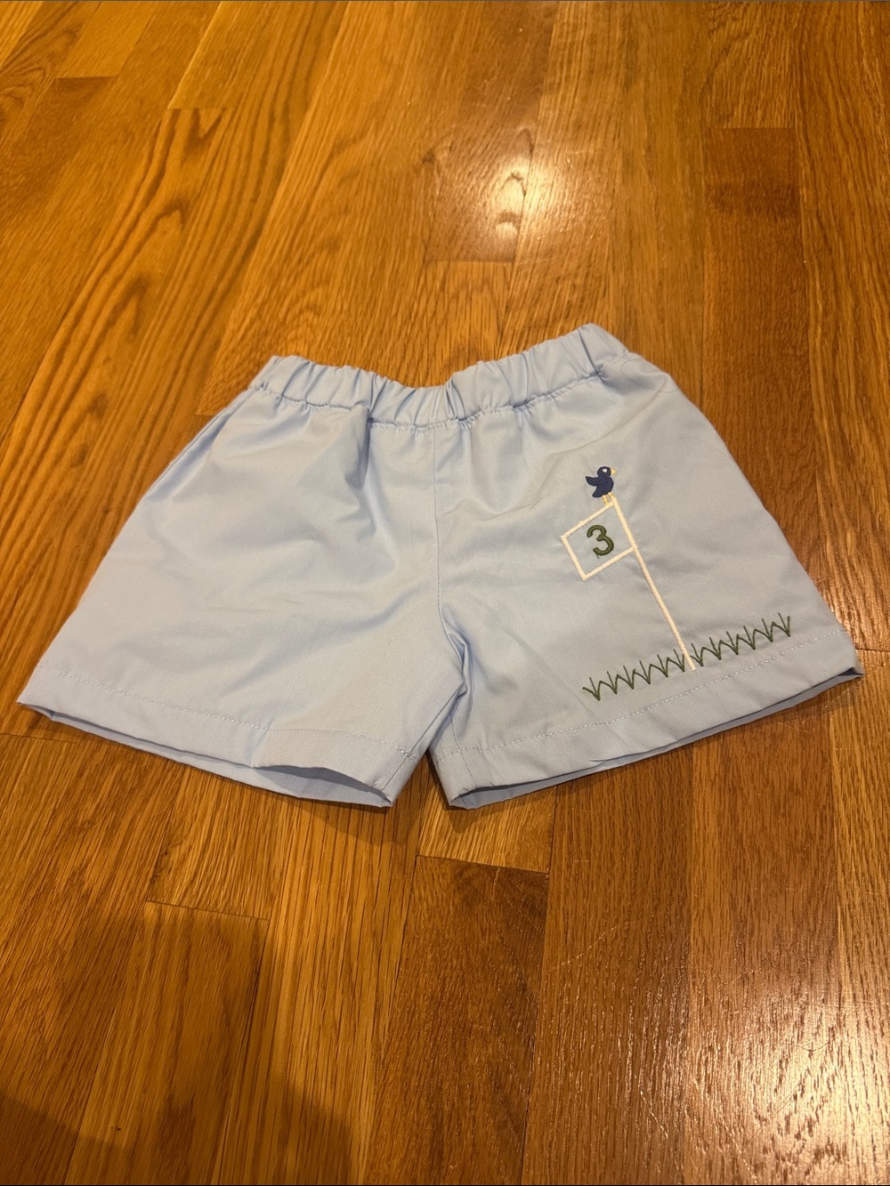The Beaufort Bonnet Company Light Blue Boys Shorts with Golf Flag Embroidery